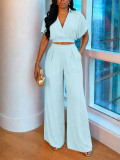 Solid Color Lapel V Neck Two Piece Pants Set HNIF-MC038