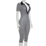 Stripe Print Lapel Seventh Jumpsuit MXBF-D26JP197