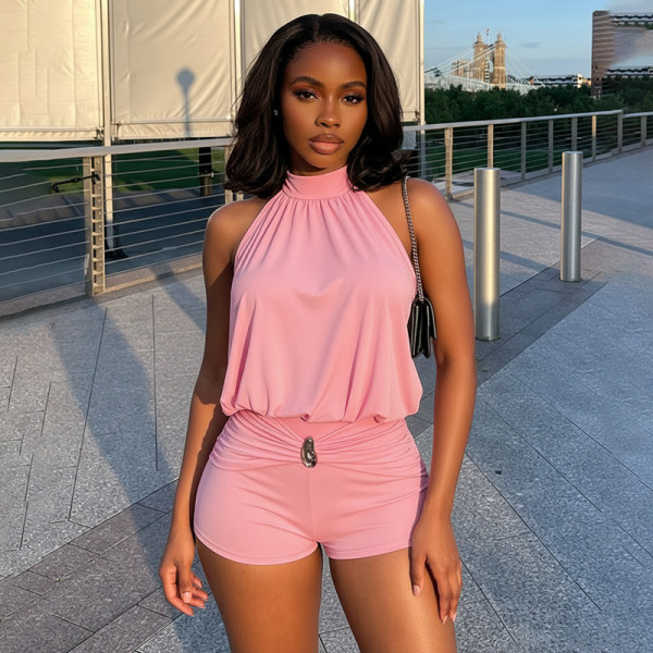 Solid Color Halterneck Ruched Romper MXBF-J26RP238
