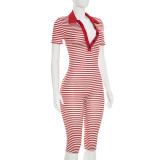 Stripe Print Lapel Seventh Jumpsuit MXBF-D26JP197