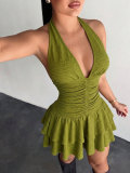Solid Color V Neck Ruffles Mini Dress HNIF-ZM030
