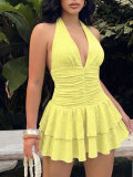 Solid Color V Neck Ruffles Mini Dress HNIF-ZM030