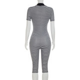 Stripe Print Lapel Seventh Jumpsuit MXBF-D26JP197
