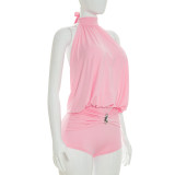 Solid Color Halterneck Ruched Romper MXBF-J26RP238