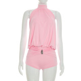 Solid Color Halterneck Ruched Romper MXBF-J26RP238