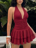 Solid Color V Neck Ruffles Mini Dress HNIF-ZM030