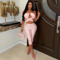 Solid Color Hollow Out Seventh Pants Two Piece Set GDSF-C26ST219