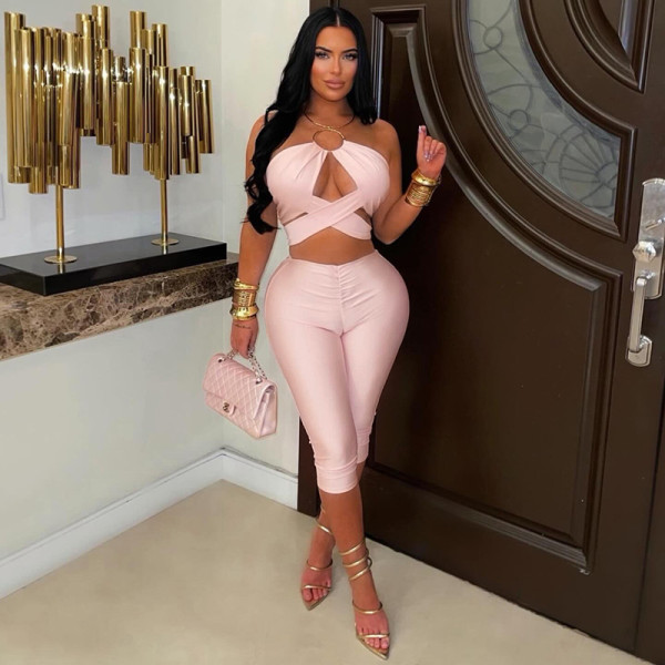 Solid Color Hollow Out Seventh Pants Two Piece Set GDSF-C26ST219