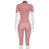 Stripe Print Lapel Seventh Jumpsuit MXBF-D26JP197