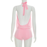 Solid Color Halterneck Ruched Romper MXBF-J26RP238