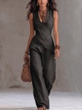 V Neck Sleeveless Top Wide Leg Pants 2 Piece Set GWDS-260509