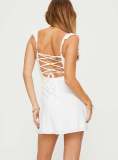 Solid Color Mesh Sling Ruched Mini Dress QMZF-18013