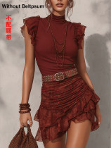 Solid Color Ruhced Lace Mini Dress(Without Belt) GWDS-260410