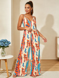 Plus Size V Neck Print Graffiti Print Sling Jumpsuit QMZF-1837