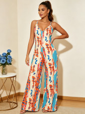 Plus Size V Neck Print Graffiti Print Sling Jumpsuit QMZF-1837