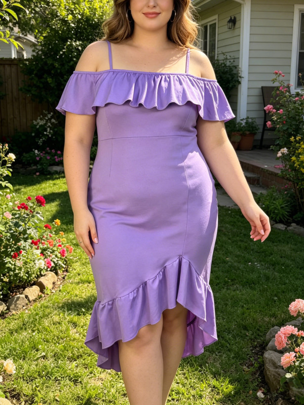 Plus Size Off Shoulder Ruffles Mid Dress GAWE-6770