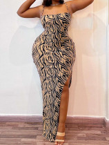 Plus Size Zebra Print Sling Split Maxi Dress QMZF-1883