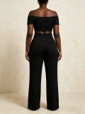 Off Shoulder Ruched Top Wide Leg Pants Suit HNIF-SY038