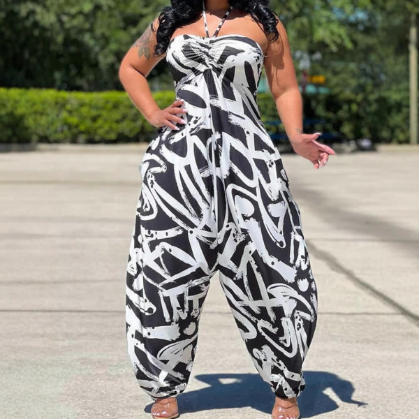 Plus Size Print Halterneck Loose Jumpsuit QMZF-1887