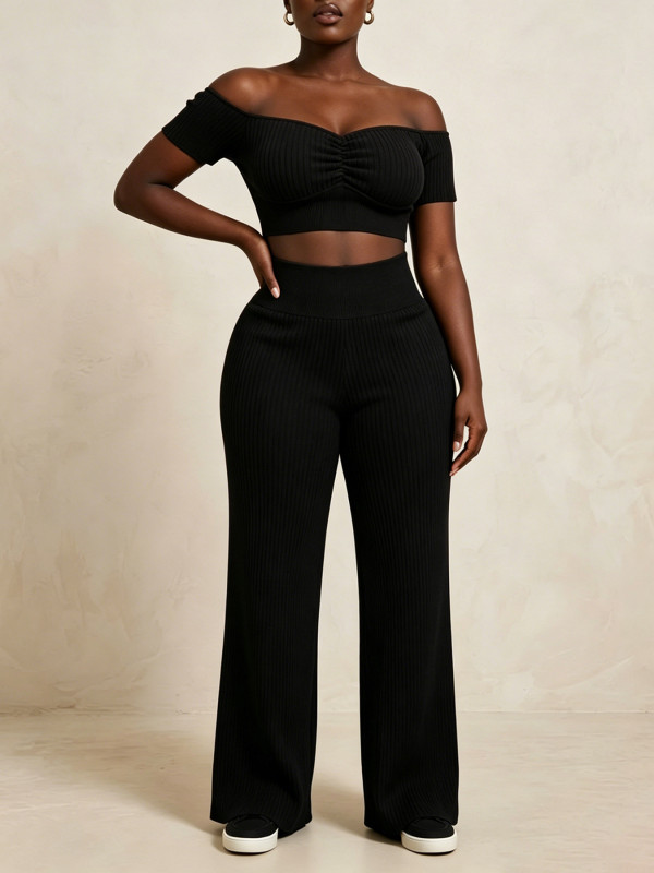 Off Shoulder Ruched Top Wide Leg Pants Suit HNIF-SY038