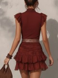 Solid Color Ruhced Lace Mini Dress(Without Belt) GWDS-260410