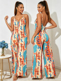 Plus Size V Neck Print Graffiti Print Sling Jumpsuit QMZF-1837