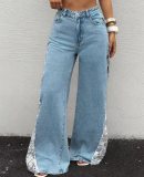 Lace Patchwork Denim Wide Leg Jeans OD-8785