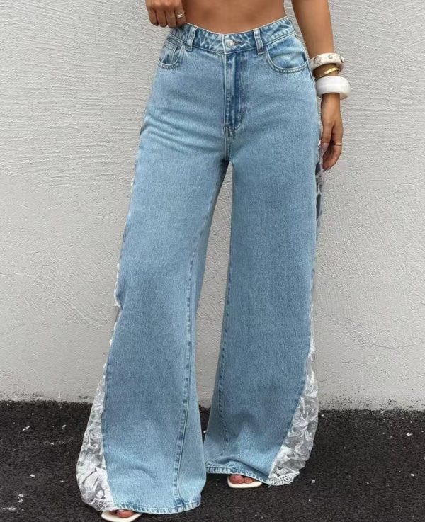 Lace Patchwork Denim Wide Leg Jeans OD-8785