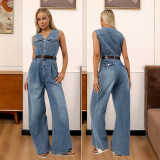 Sleeveless Denim Wide Leg Jumpsuit(Without Belt) LX-8613