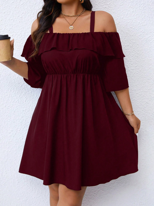 Plus Size Ruffles Off Shoulder Midi Dress GAWE-6764