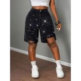 Diamond-Studded Solid-Color Denim Short OD-8784