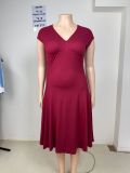 Plus Size V Neck Short Sleeve Midi Dress GAWE-6766