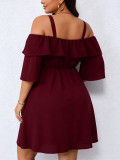 Plus Size Ruffles Off Shoulder Midi Dress GAWE-6764