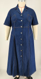 Plus Size Single Breasted Button Short Sleeve Denim Maxi Dress GDAM-218820