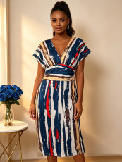 Plus Size Print Deep V Neck Midi Dress QMZF-18612