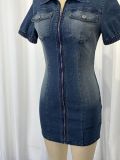 Fashion Lapel Zipper Denim Mini Dress GWDS-260402