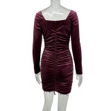 Square Neck Long Sleeve Drawstring Midi Dress GYLY-9853