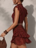 Solid Color Ruhced Lace Mini Dress(Without Belt) GWDS-260410