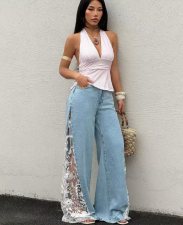 Lace Patchwork Denim Wide Leg Jeans OD-8785