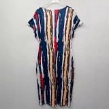 Plus Size Print Deep V Neck Midi Dress QMZF-18612