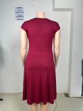 Plus Size V Neck Short Sleeve Midi Dress GAWE-6766