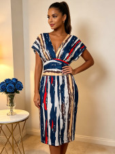 Plus Size Print Deep V Neck Midi Dress QMZF-18612