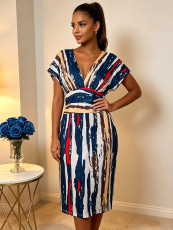 Plus Size Print Deep V Neck Midi Dress QMZF-18612