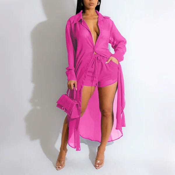 Solid Color Split Long Shirt Two Piece Shorts Set QYMF-GY081