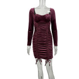 Square Neck Long Sleeve Drawstring Midi Dress GYLY-9853