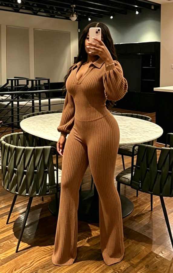 Solid Color Lantern-Sleeve Two Piece Pants Set NY-3938