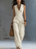 V Neck Sleeveless Top Wide Leg Pants 2 Piece Set GWDS-260509