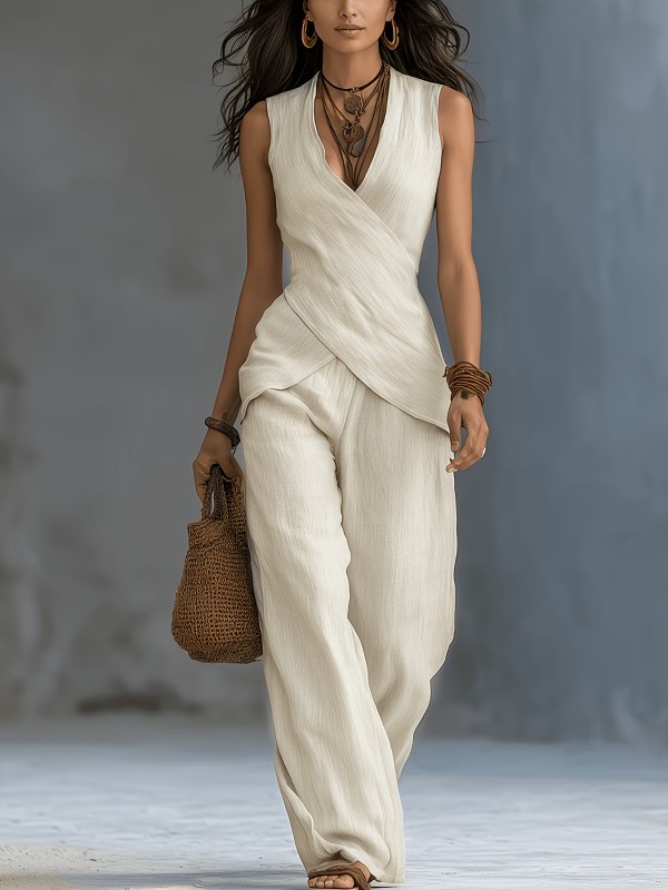 V Neck Sleeveless Top Wide Leg Pants 2 Piece Set GWDS-260509