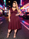 Plus Size V Neck Short Sleeve Midi Dress GAWE-6766