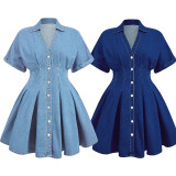 V Neck Short Sleeve Denim Mini Dress GDAM-218976